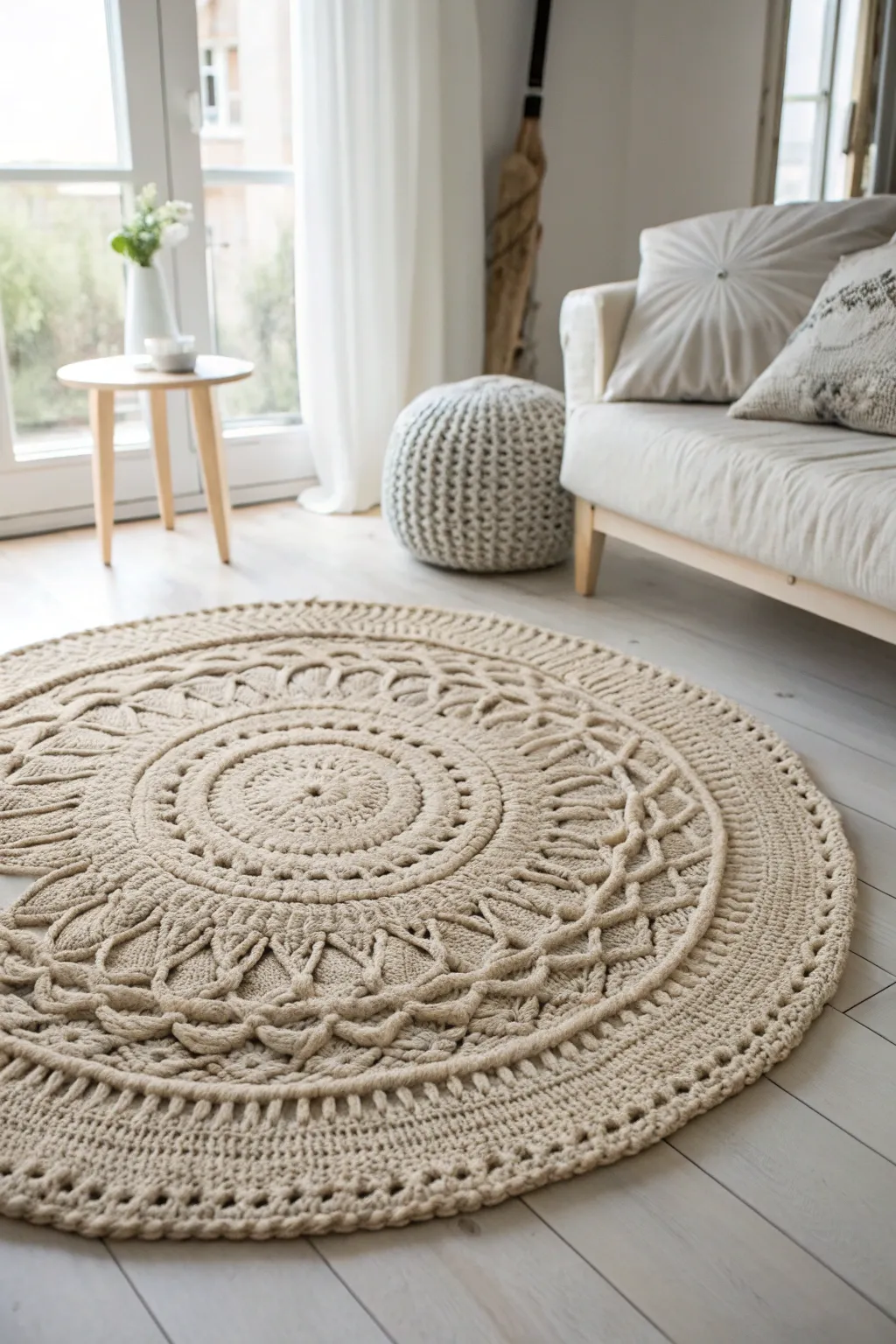 Elevate your space with the timeless charm of an intricately crafted crochet rug.