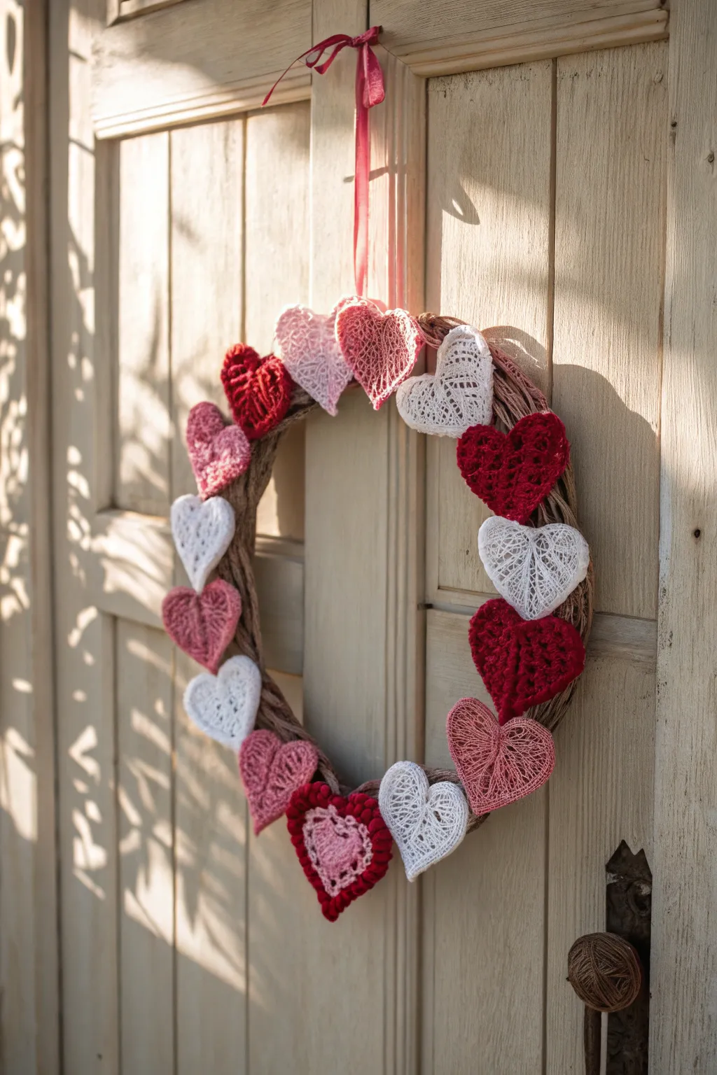 Welcome love into your home with this charming crochet heart wreath, perfect for a minimalist Valentine's Day decor.