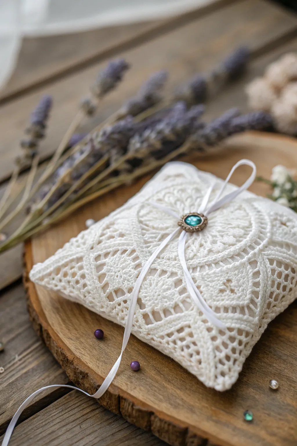 Elevate your wedding ceremony with handcrafted elegance - a crochet ring bearer pillow with a touch of sparkle.