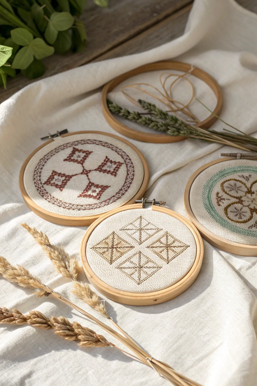 Transform any space into a cozy art gallery with these elegant cross-stitch hoop sets.
