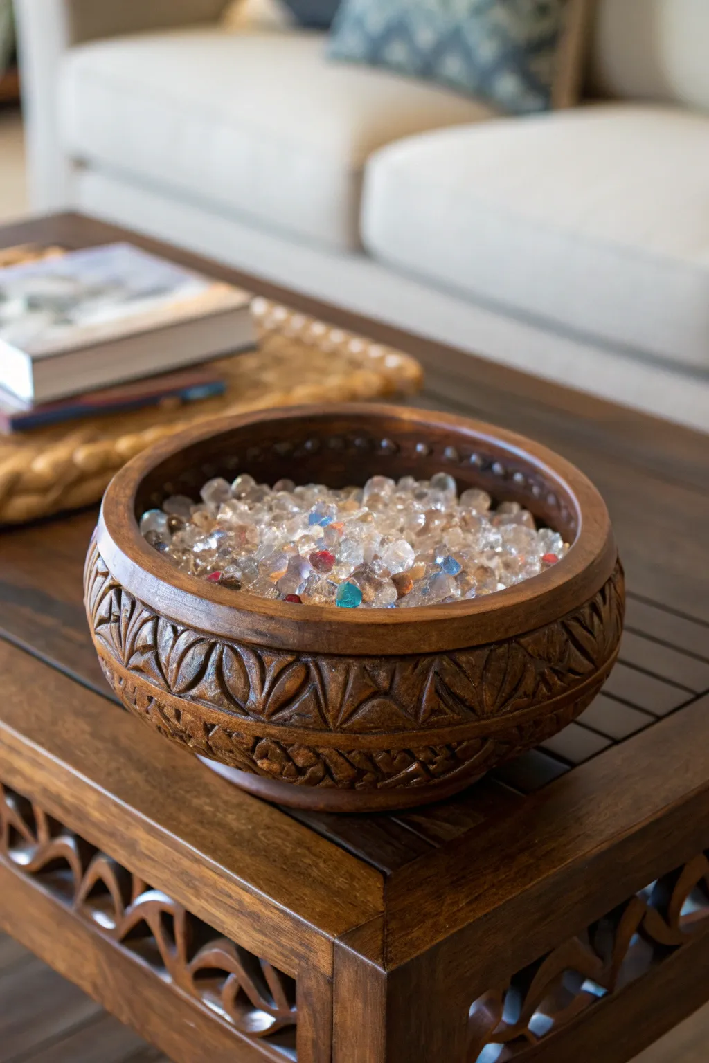 A decorative bowl beautifully displaying a selection of crystals.
