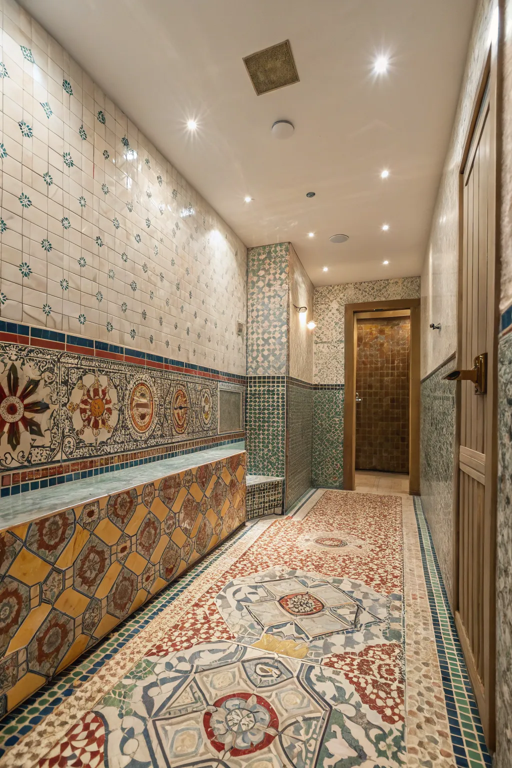 Textured walls and floors create a visually dynamic bathroom space.