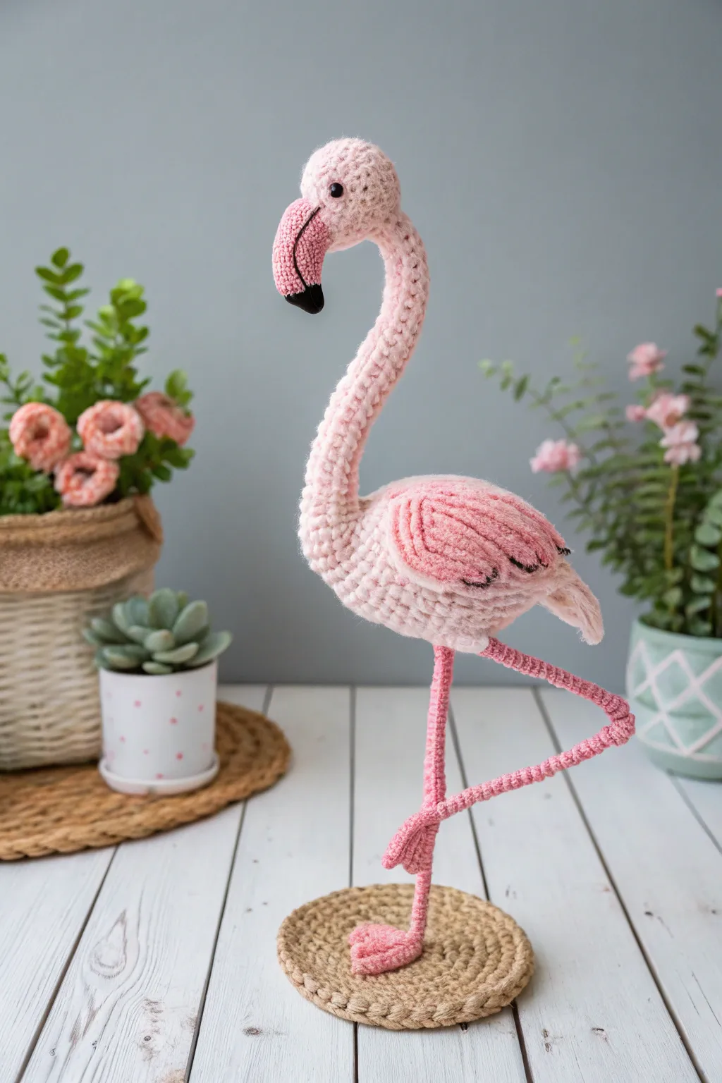 Embrace whimsy with this charming crochet flamingo, a perfect blend of minimalist design and playful spirit.