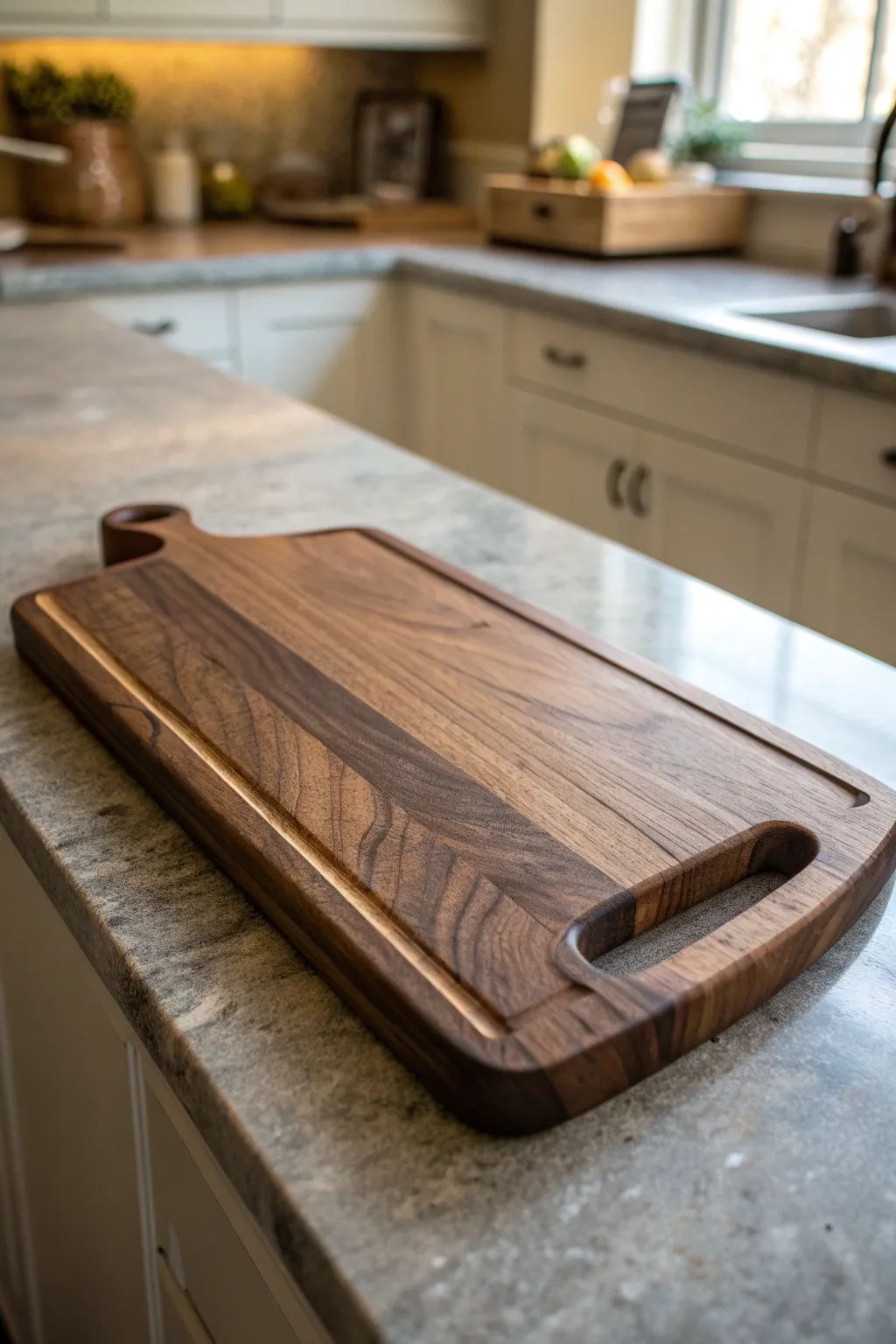 Elevate your kitchen game with this beautifully crafted cutting board featuring a practical juice groove and elegant handle design.