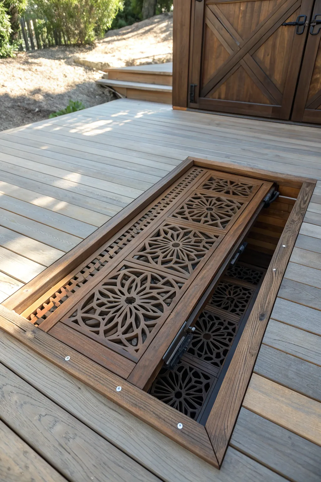 Where functionality meets artistry: a deck trap door that doubles as a stunning decorative feature.