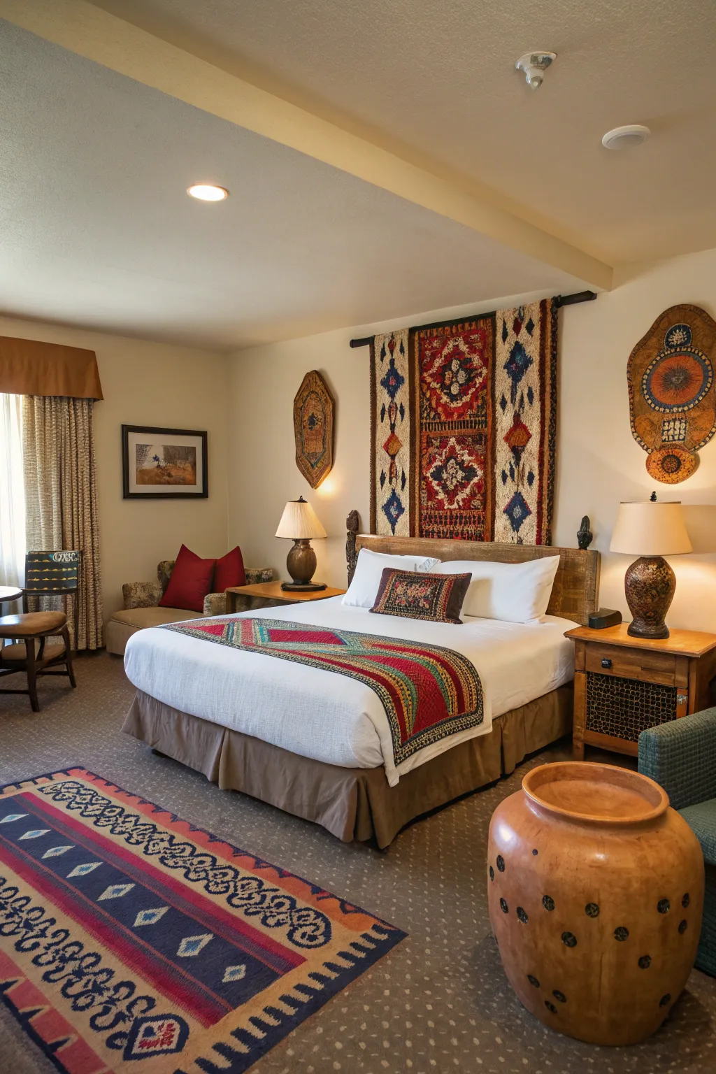 Native art pieces add cultural depth to the room.