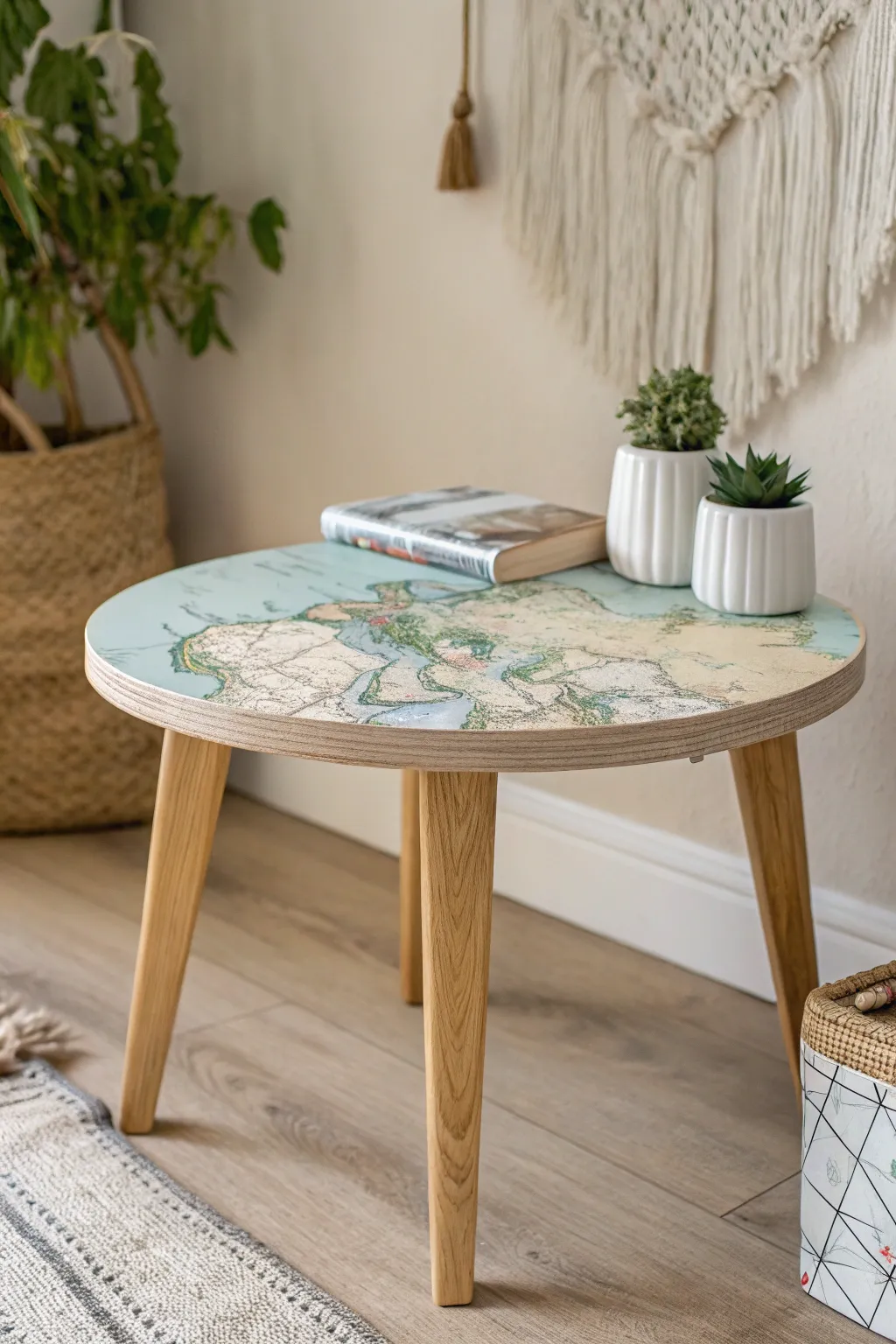 Chart your future adventures with this elegantly decoupaged map side table, perfect for the wanderlust at heart.