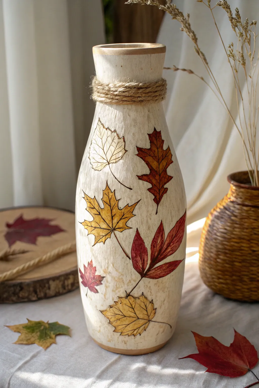 Embrace the beauty of autumn with this elegantly crafted decoupage vase, perfect for adding a seasonal touch to your minimalist decor.