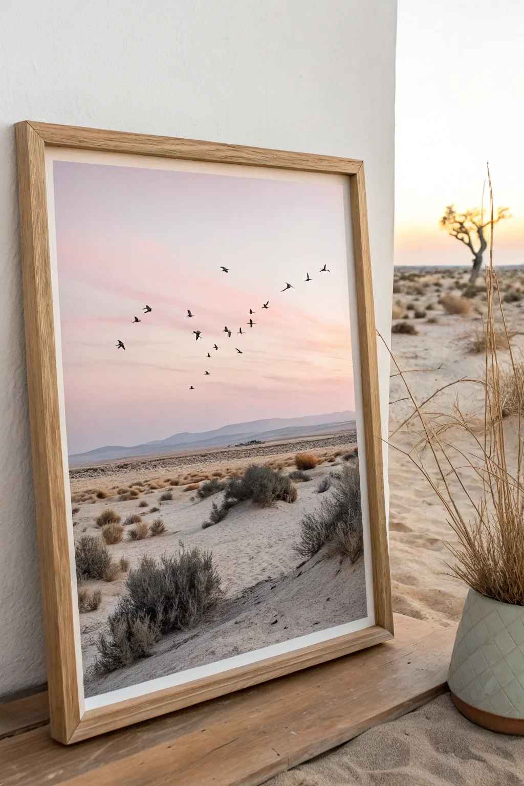 Capture the essence of serenity with desert birds in flight, a minimalist touch to your decor.