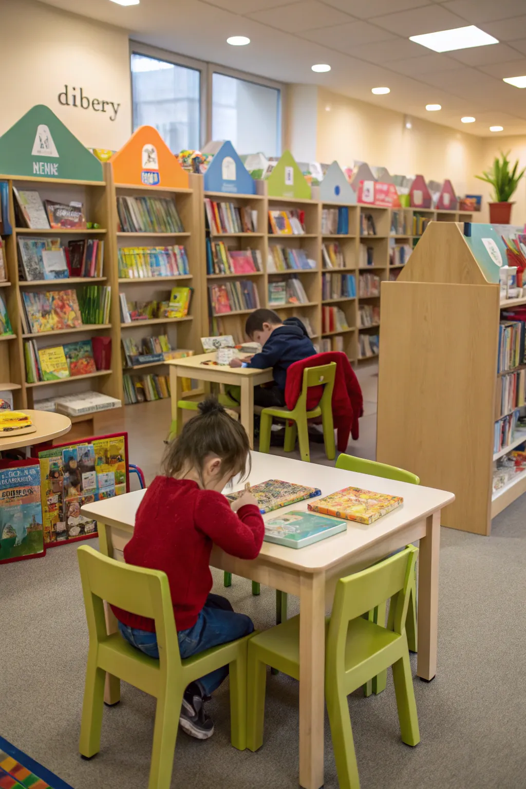 Child-sized furniture makes the library welcoming and accessible for young readers.