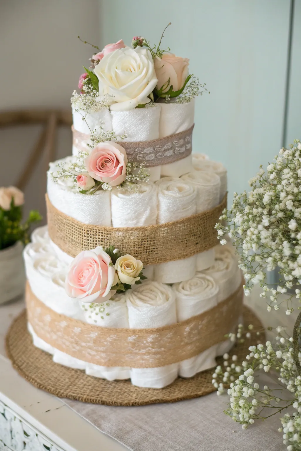 Rustic Elegance: A Diaper Cake Wrapped in Burlap and Lace.