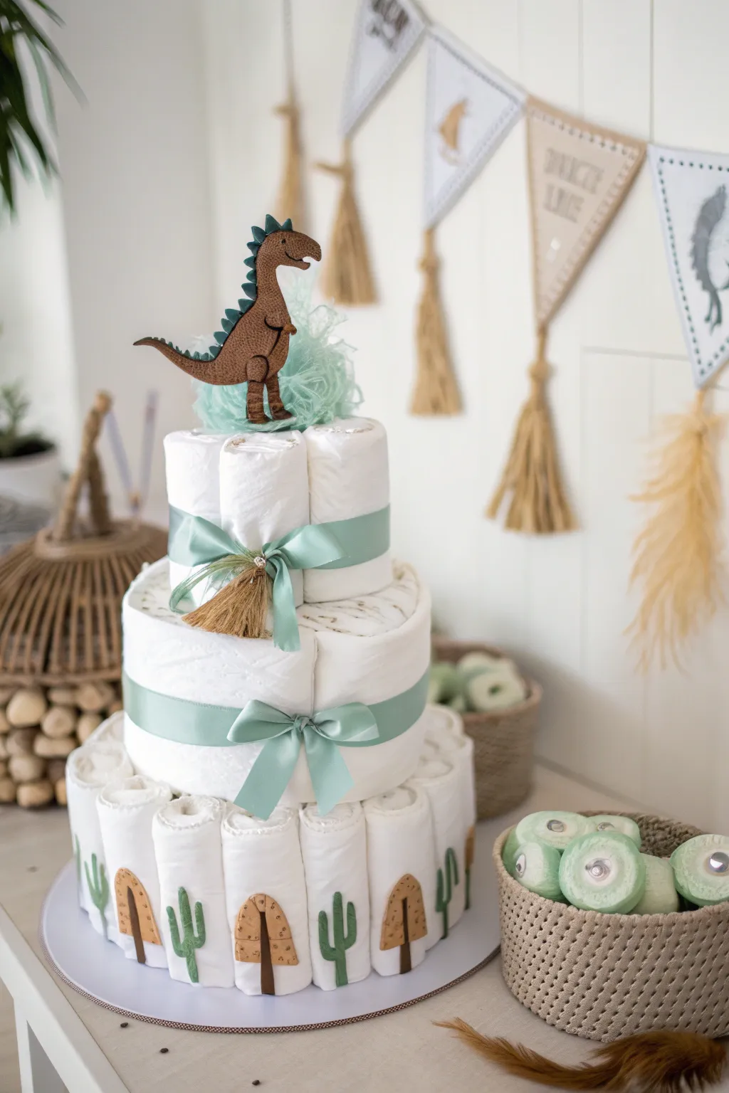 Add a touch of whimsy to your baby shower with this charming dinosaur diaper cake, beautifully wrapped in bow-tiful ribbons.