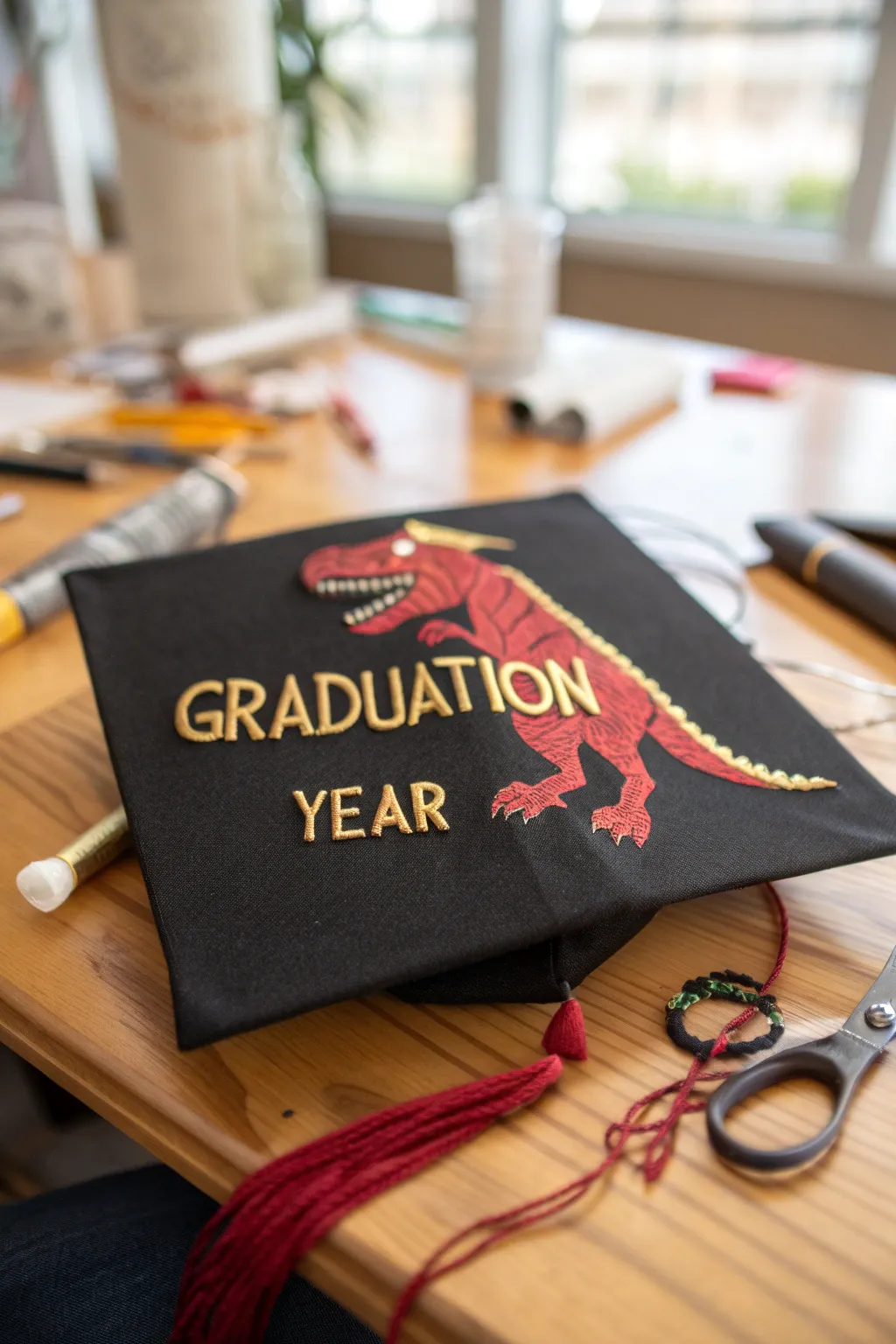 Stand out on graduation day with a personalized dino-inspired cap that reflects your unique journey!