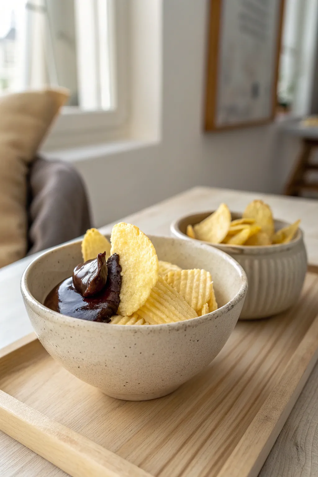 Indulge in the unexpected delight of chocolate-dipped potato chips—a perfect blend of sweet and salty for your next gathering.