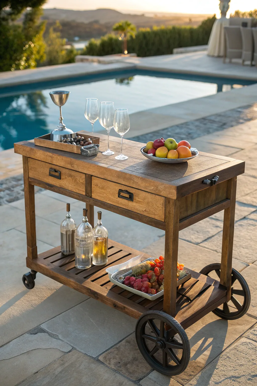 Elevate your poolside experience with a handcrafted portable bar cart, blending style and functionality.