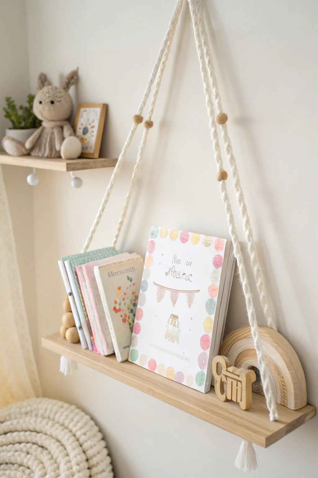 Elevate your nursery with stylish floating shelves for a touch of minimalist elegance.