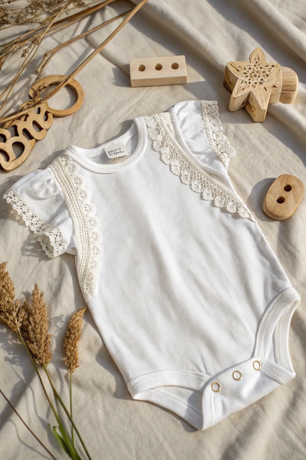Elevate your baby's style with elegant lace accents - simplicity meets sophistication in Scandinavian design.