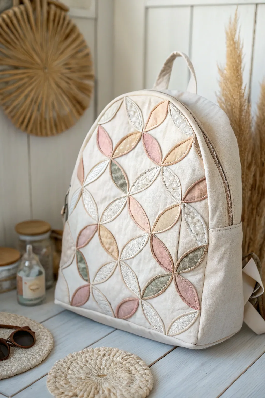 Elevate your backpack with cozy, quilt-inspired fabric art.