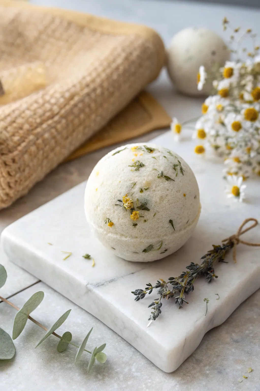 Indulge in tranquility with this soothing chamomile and green tea bath bomb, a perfect blend for bedtime relaxation.