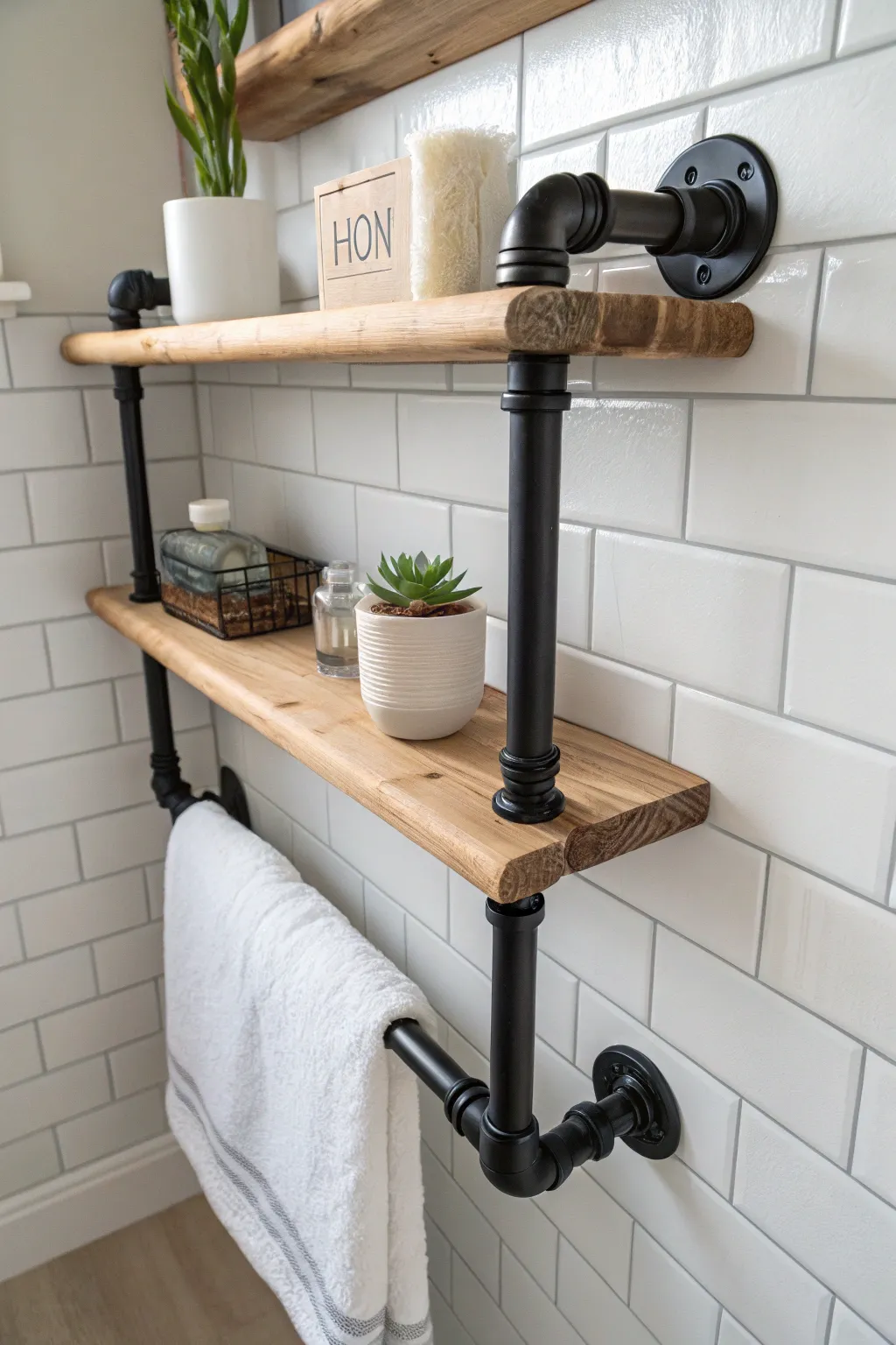 Transform your bathroom with chic industrial pipe shelving for stylish storage solutions.