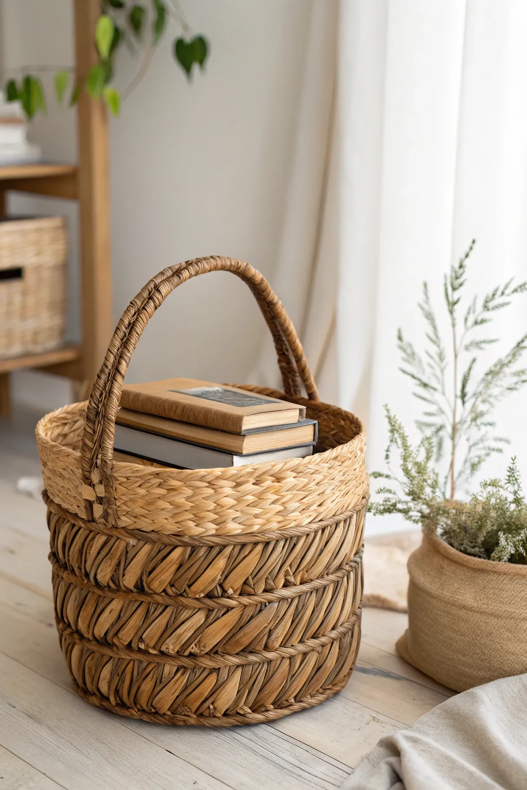 Transform your reading nook with a charming woven basket book stand, blending rustic warmth with minimalist elegance.