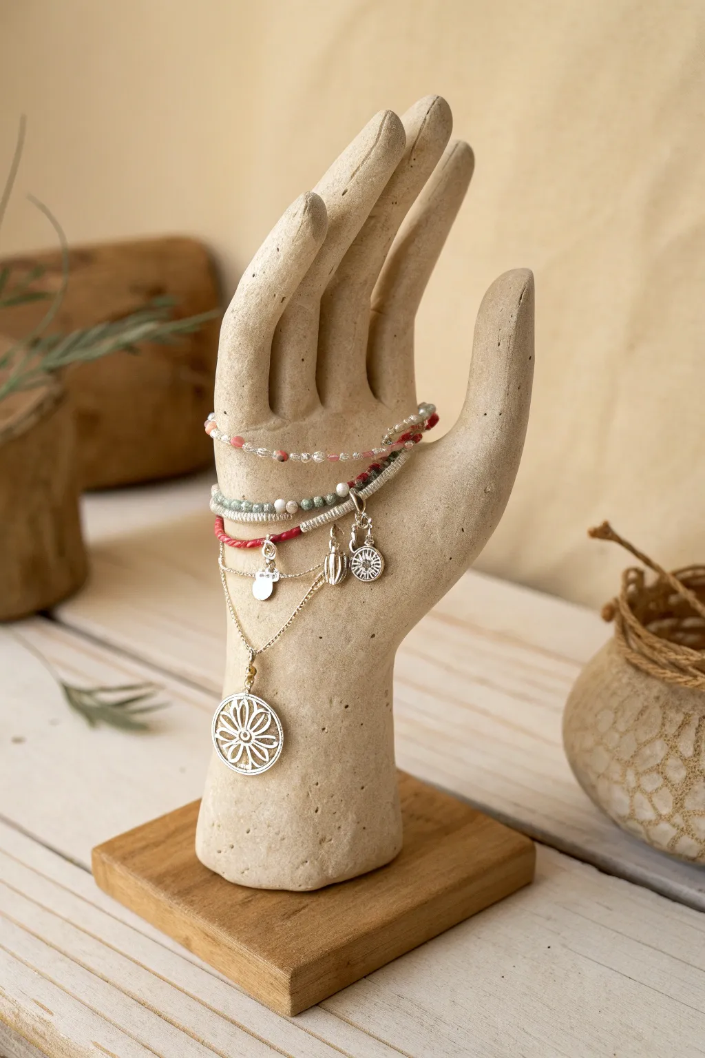 Embrace artistry with a clay hand sculpture that elegantly showcases your bracelet collection.