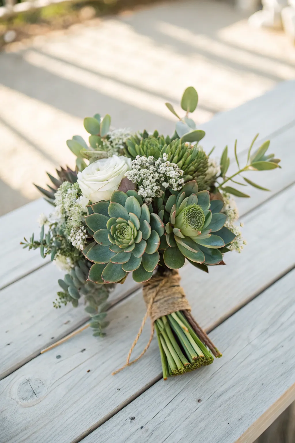 Embrace the unexpected with a succulent-inspired bridal bouquet that beautifully balances simplicity and sophistication.