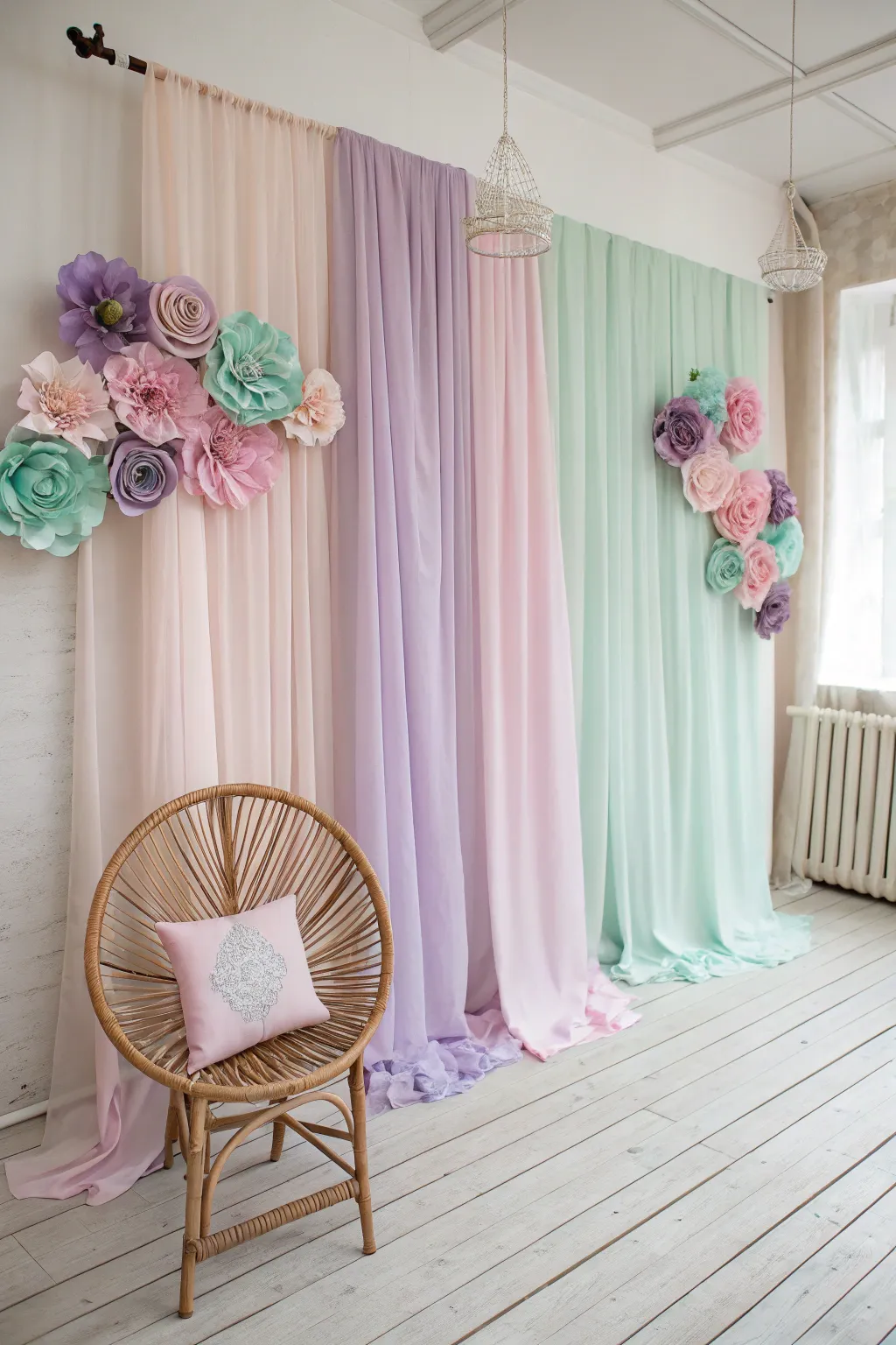 Embrace the dreamy elegance of pastel perfection for your bridal shower backdrop.