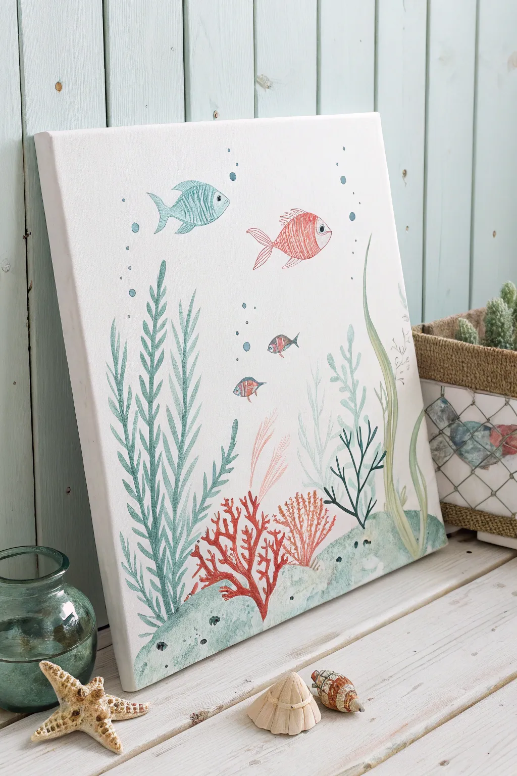Dive into serenity with this enchanting underwater canvas for your little one's room.