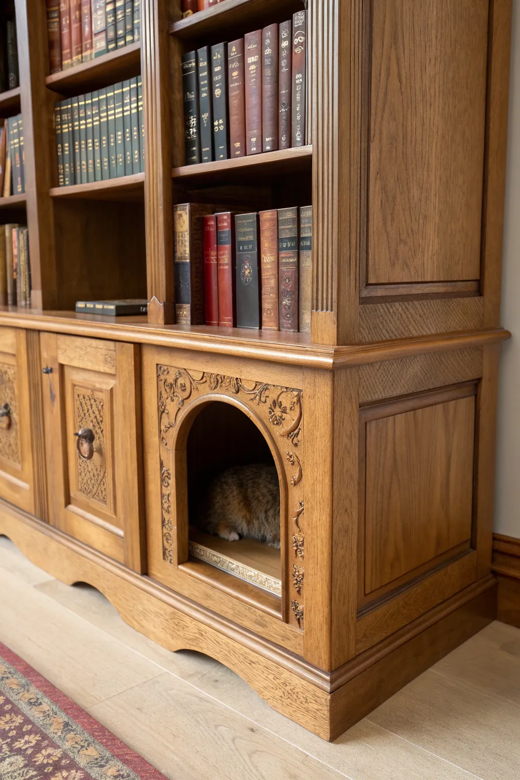 Unlock a world of mystery for your feline friend with this handcrafted bookcase passage.