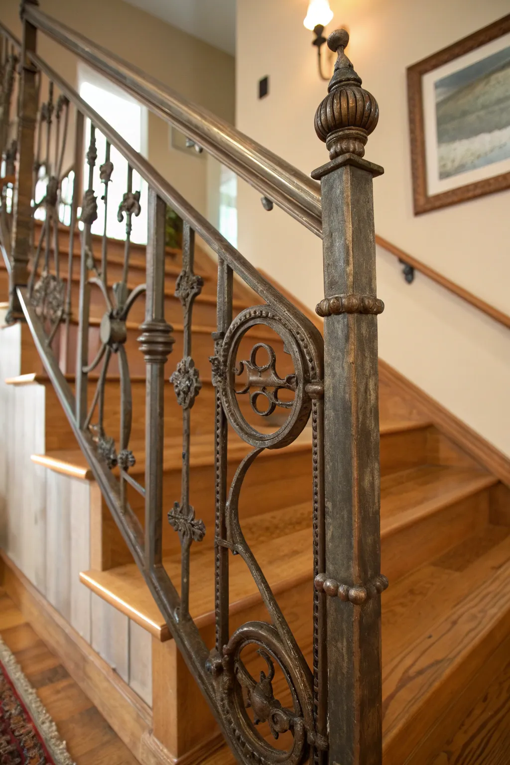 Elevate your stairs with vintage charm: Upcycled metal bed frame railing.