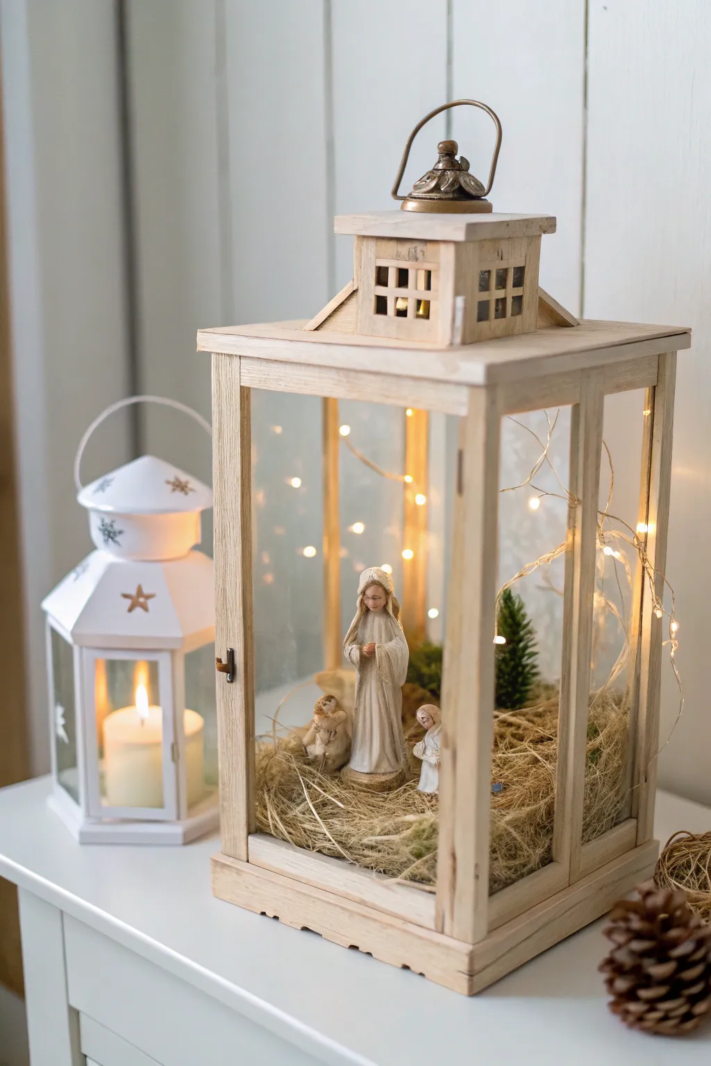 Embrace the spirit of Christmas with a serene mini nativity scene inside a minimalist lantern.