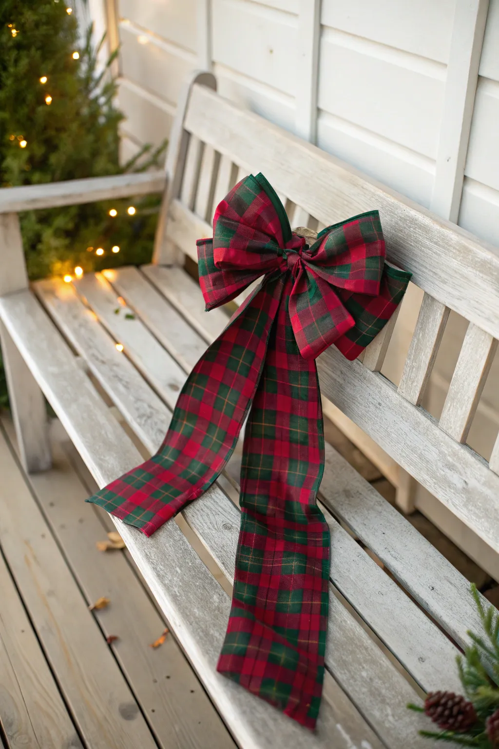 Add a touch of warmth to your porch this Christmas with handcrafted plaid accents.