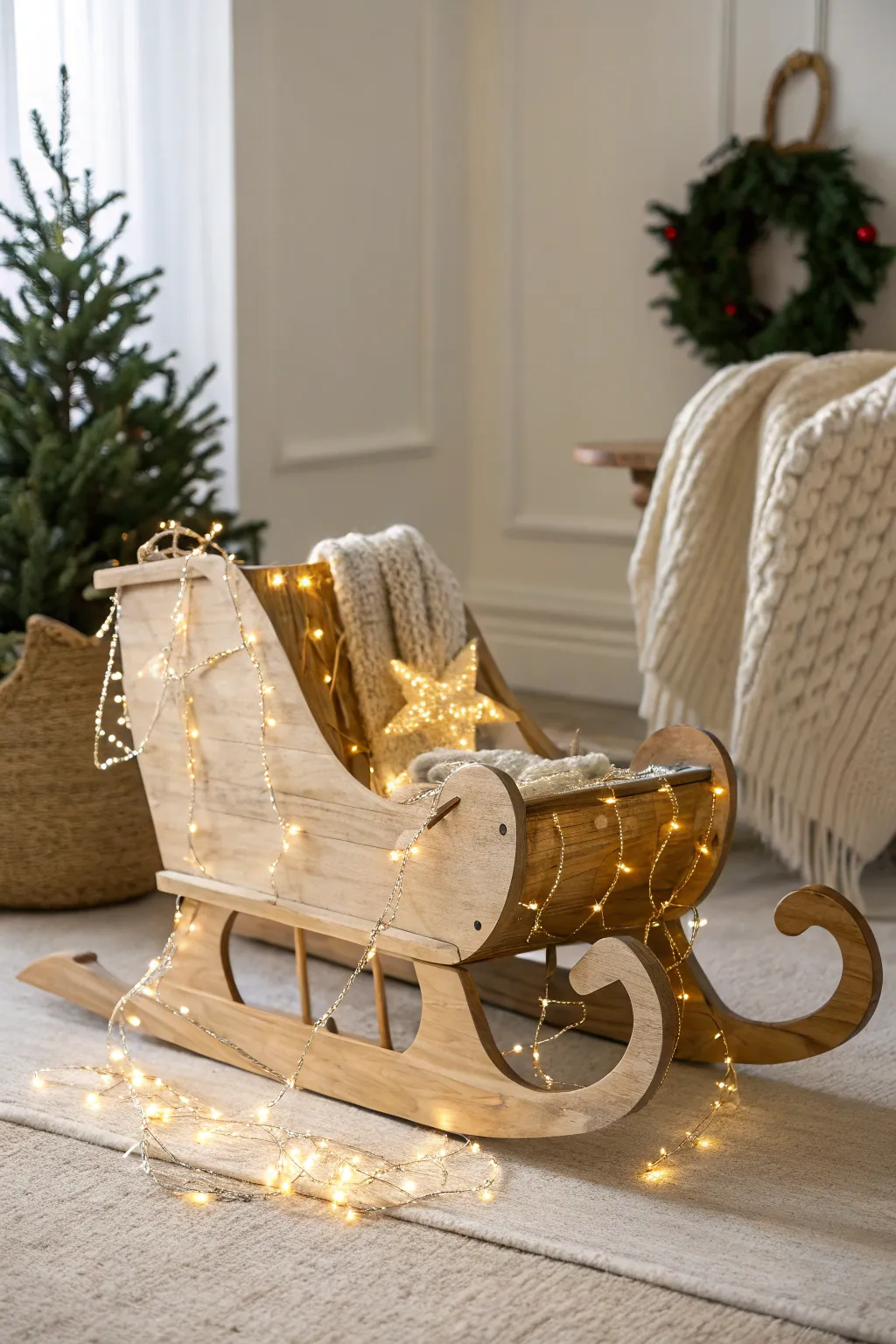 Illuminate your holiday decor with a touch of magic and simplicity. #FairyLightSleigh #ScandiBohoCharm