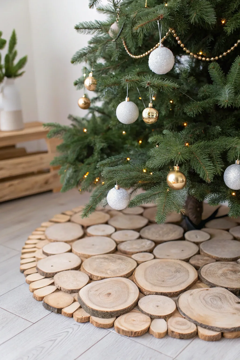Rustic elegance: Embrace nature with a wood slice tree skirt for a charming holiday touch.
