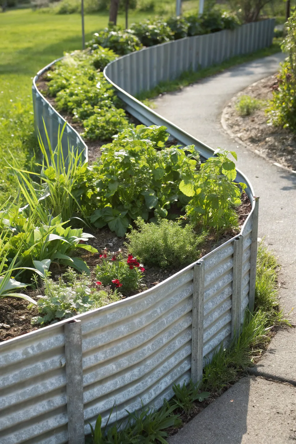 Craft your garden path with style: Zigzag your way to perfection with corrugated metal raised beds.