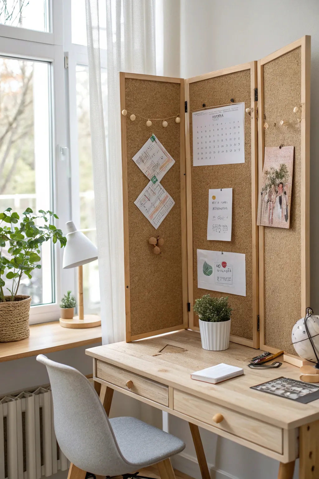 Elevate your workspace with a stylish corkboard partition that keeps you organized and inspired!