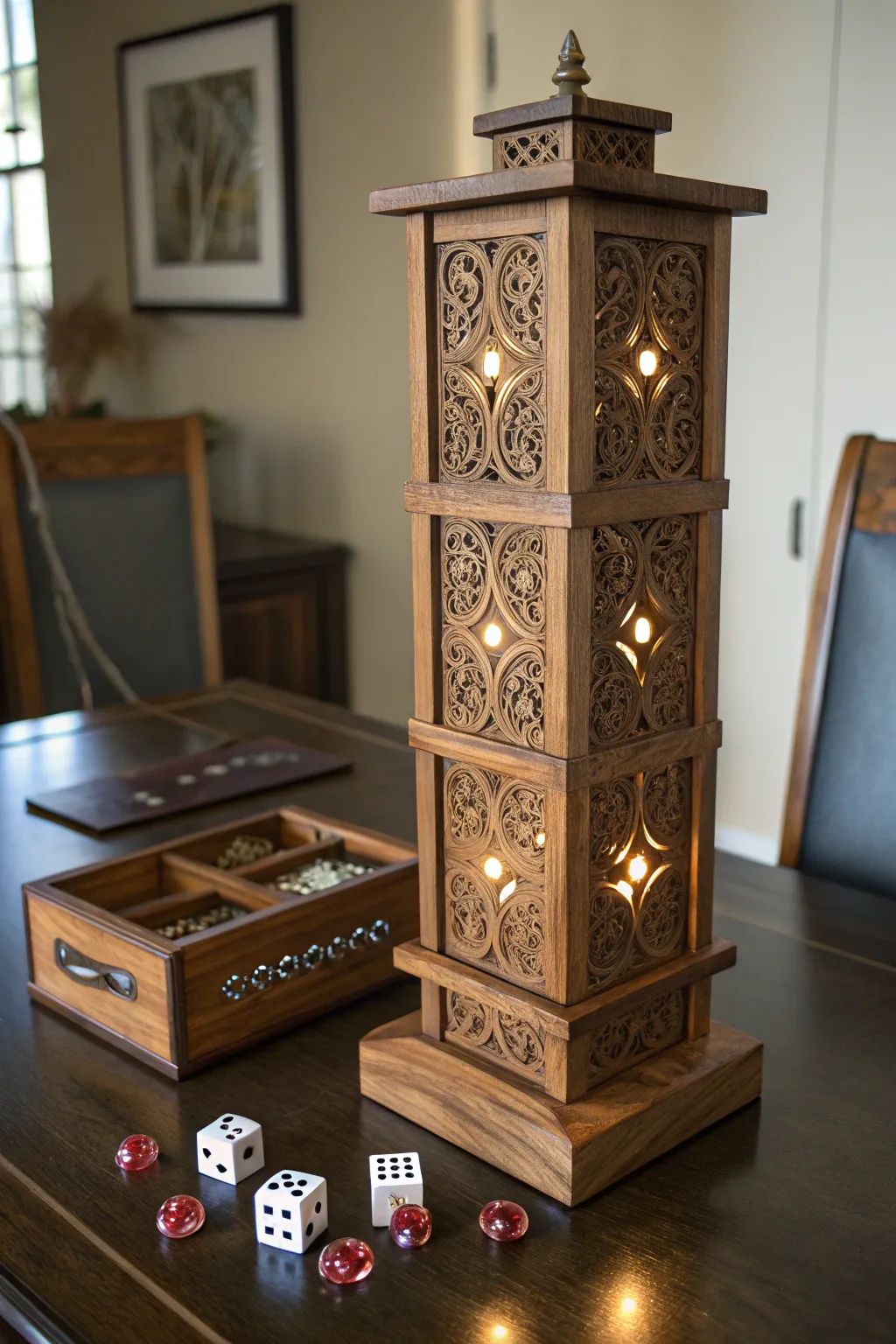 Illuminate your game nights with this stunning LED-lit dice tower, a masterpiece of craftsmanship and design.