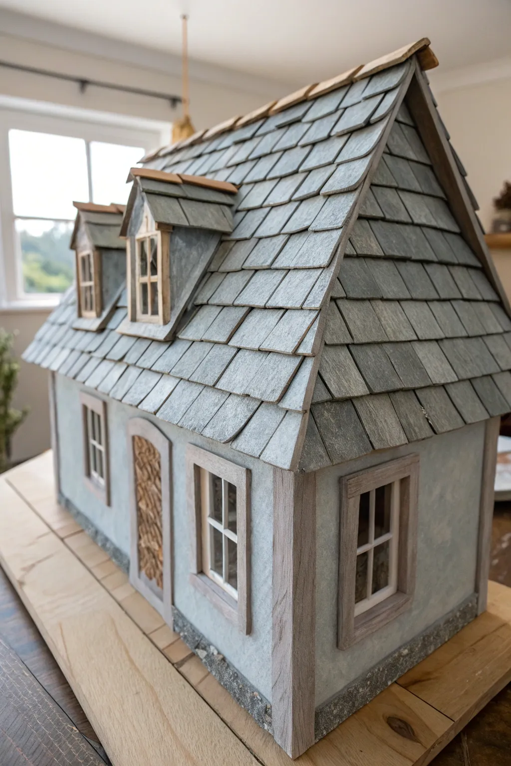 Transform your dollhouse with a chic slate-inspired roof using just sandpaper and paint. Minimalist elegance meets boho charm.