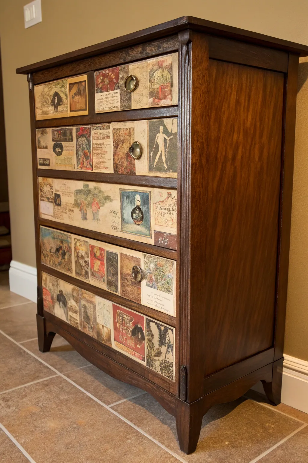 Turn your dresser into a storytelling masterpiece with vintage postcard decoupage.