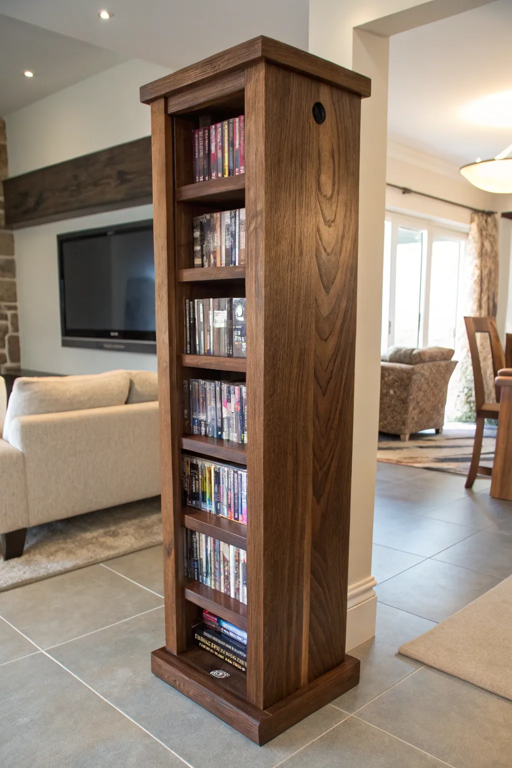 Elevate your space with a handcrafted DVD tower that marries style and functionality.