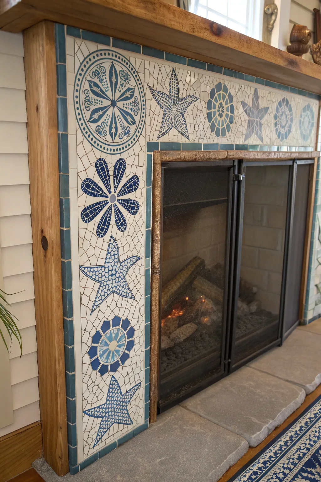 Transform your fireplace with a stunning DIY mosaic screen that brings coastal elegance into your living space.