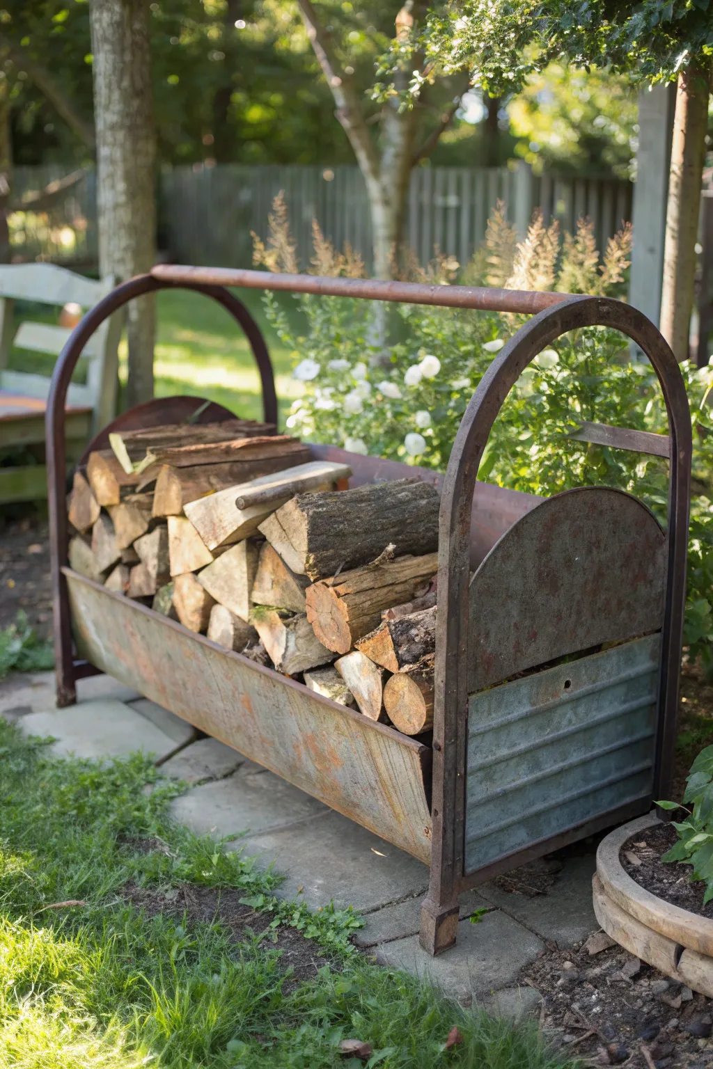 Transform your garden bed into a stylish firewood rack, merging practical storage with a gardener's touch.