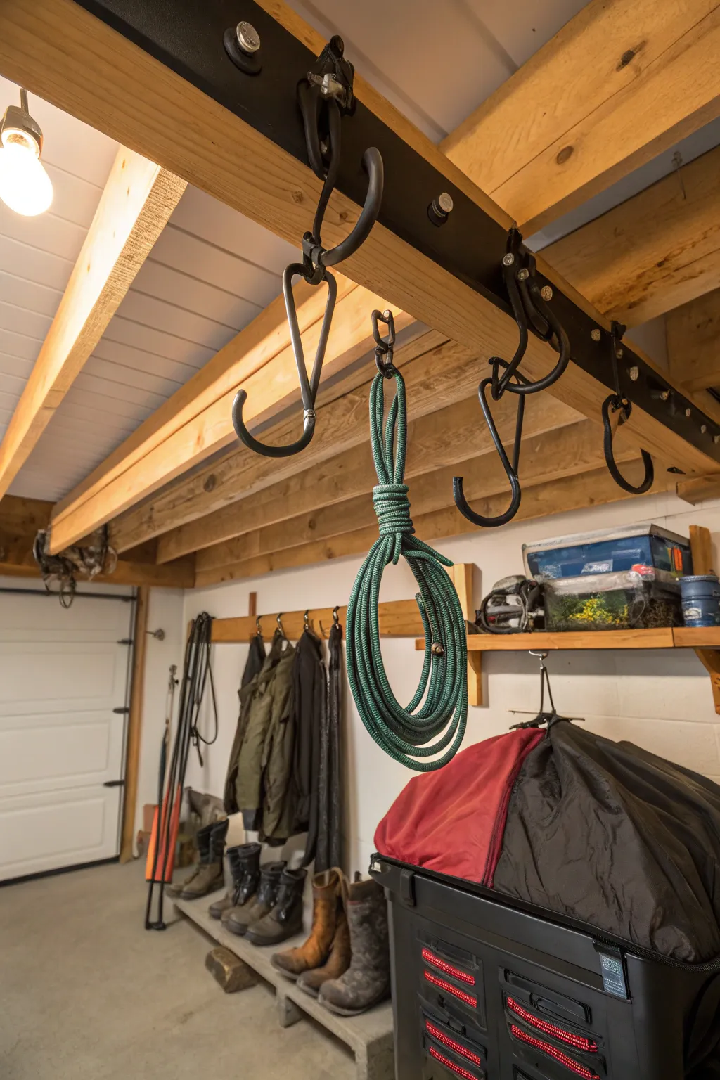 Elevate your garage organization with handcrafted ceiling hooks for a stylish and efficient storage solution.