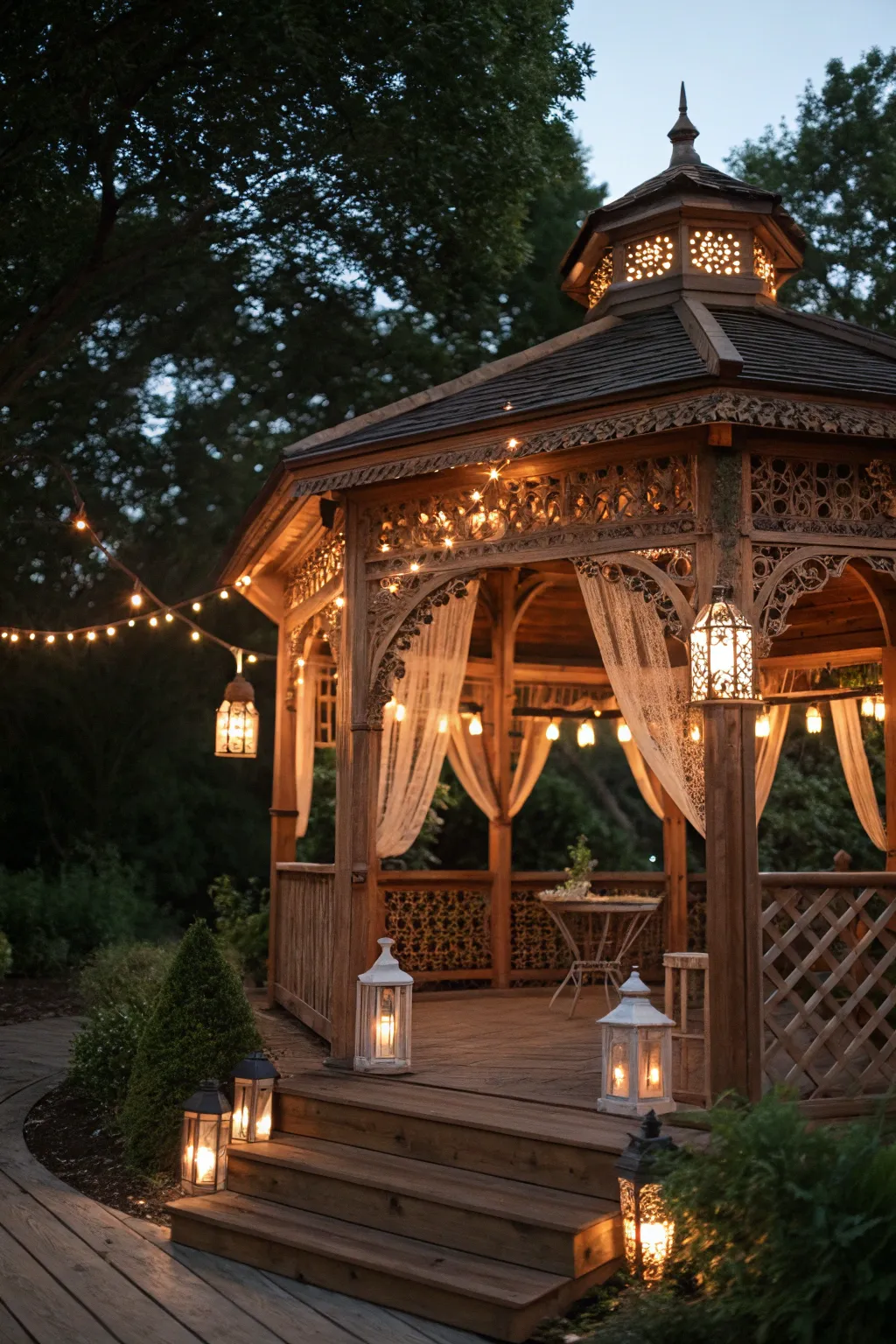 Transform your gazebo into a romantic retreat with enchanting string lights and lanterns.
