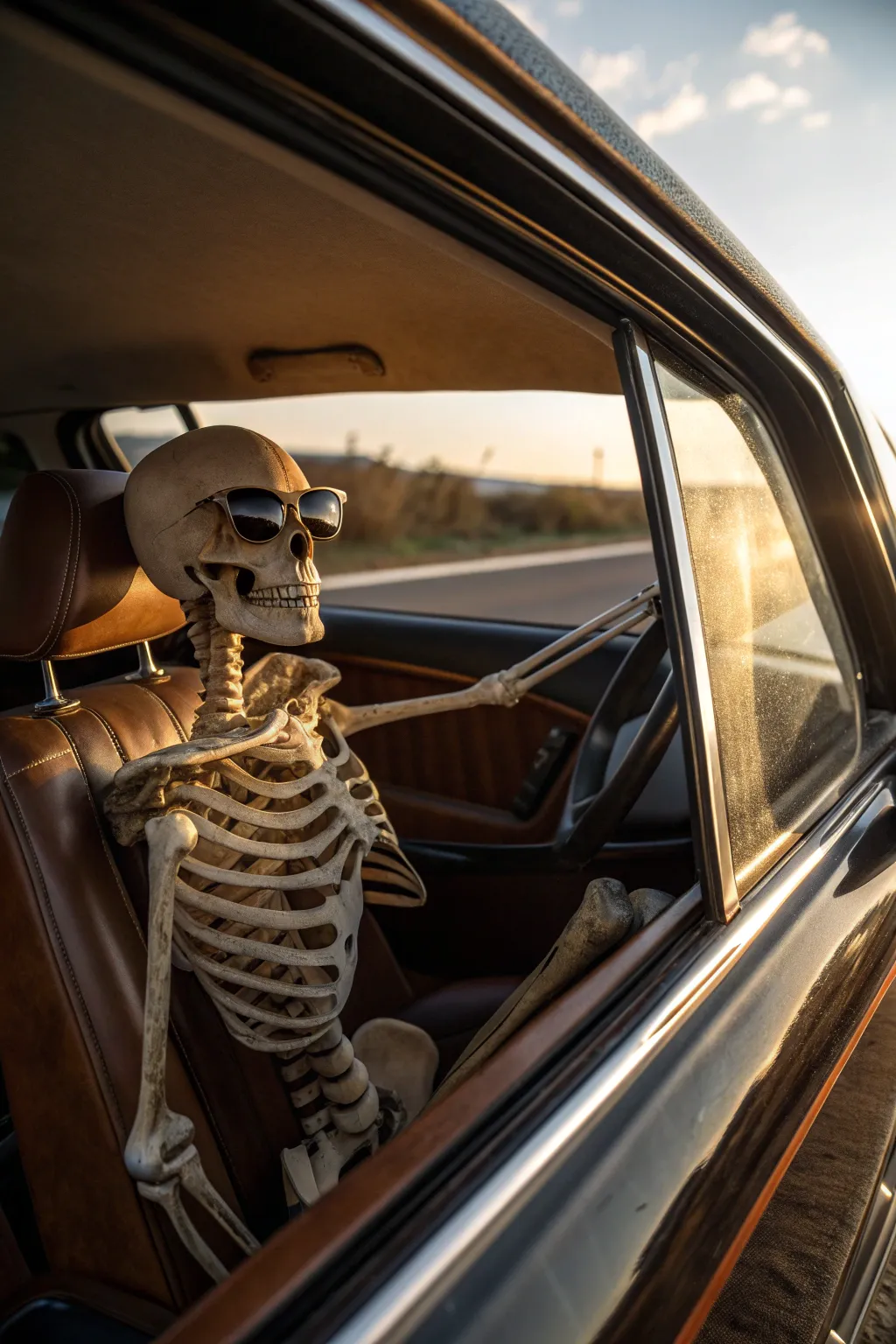 Caught in the Rearview: This backseat skeleton is sure to turn heads on your Halloween road trip!