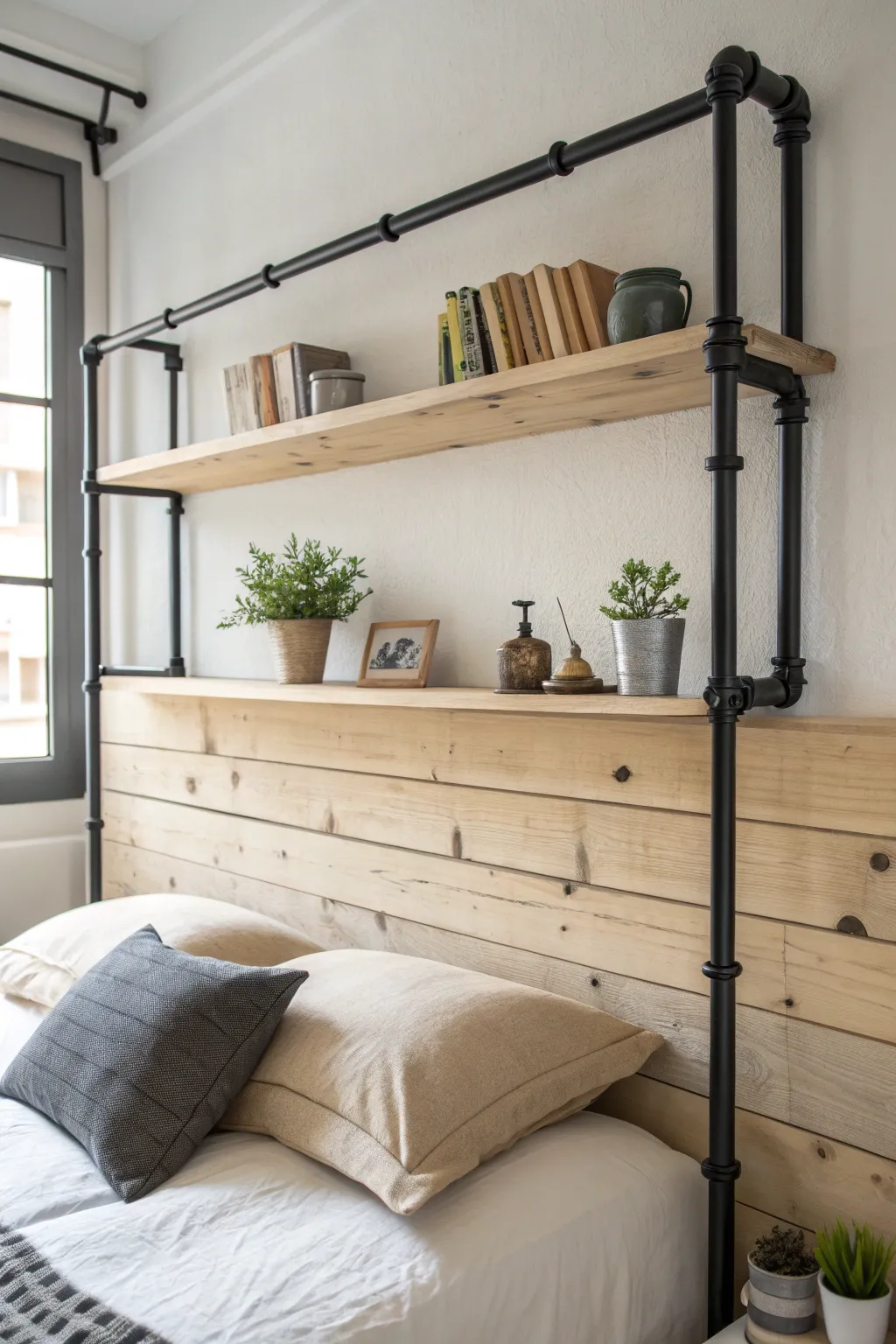 Elevate your bedroom with this DIY industrial pipe headboard - where urban chic meets minimalist elegance.