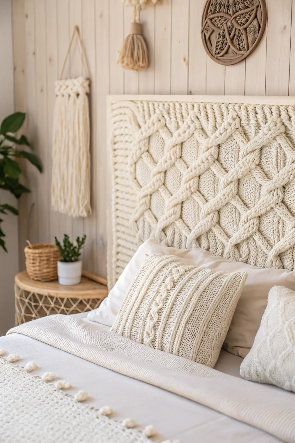 Transform your bedroom into a cozy haven with a DIY knitted headboard, where elegance meets comfort.