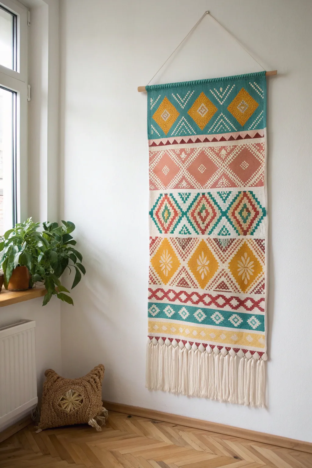 Add a splash of color with a handmade tapestry, perfect for embracing Scandinavian minimalism with a Boho twist.