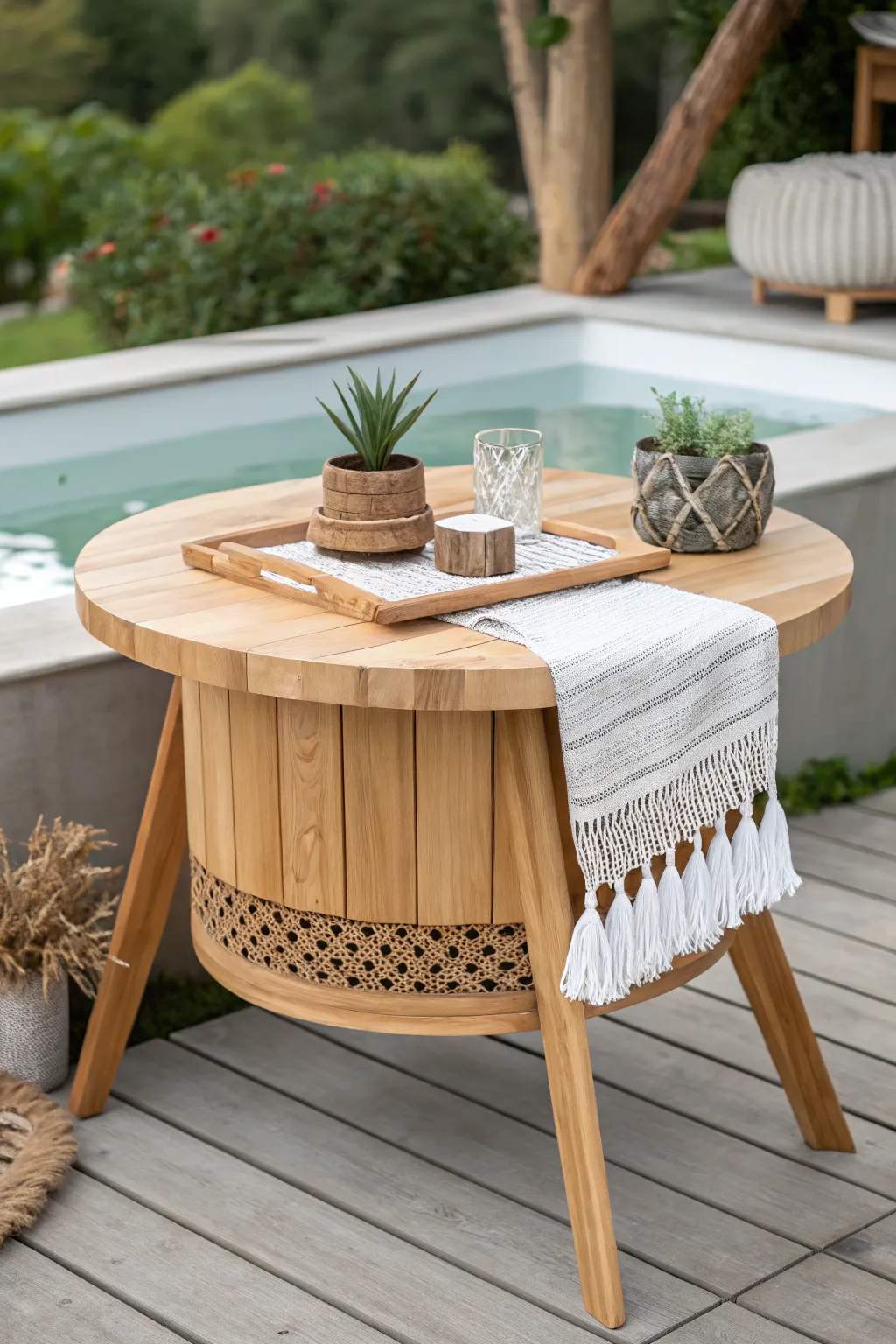 Elegance meets versatility with this detachable hot tub table, blending Scandinavian minimalism with boho flair.